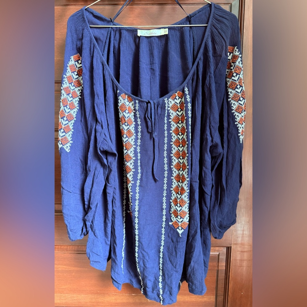 Embroidered Solitaire Navy Blue Bohemian Top